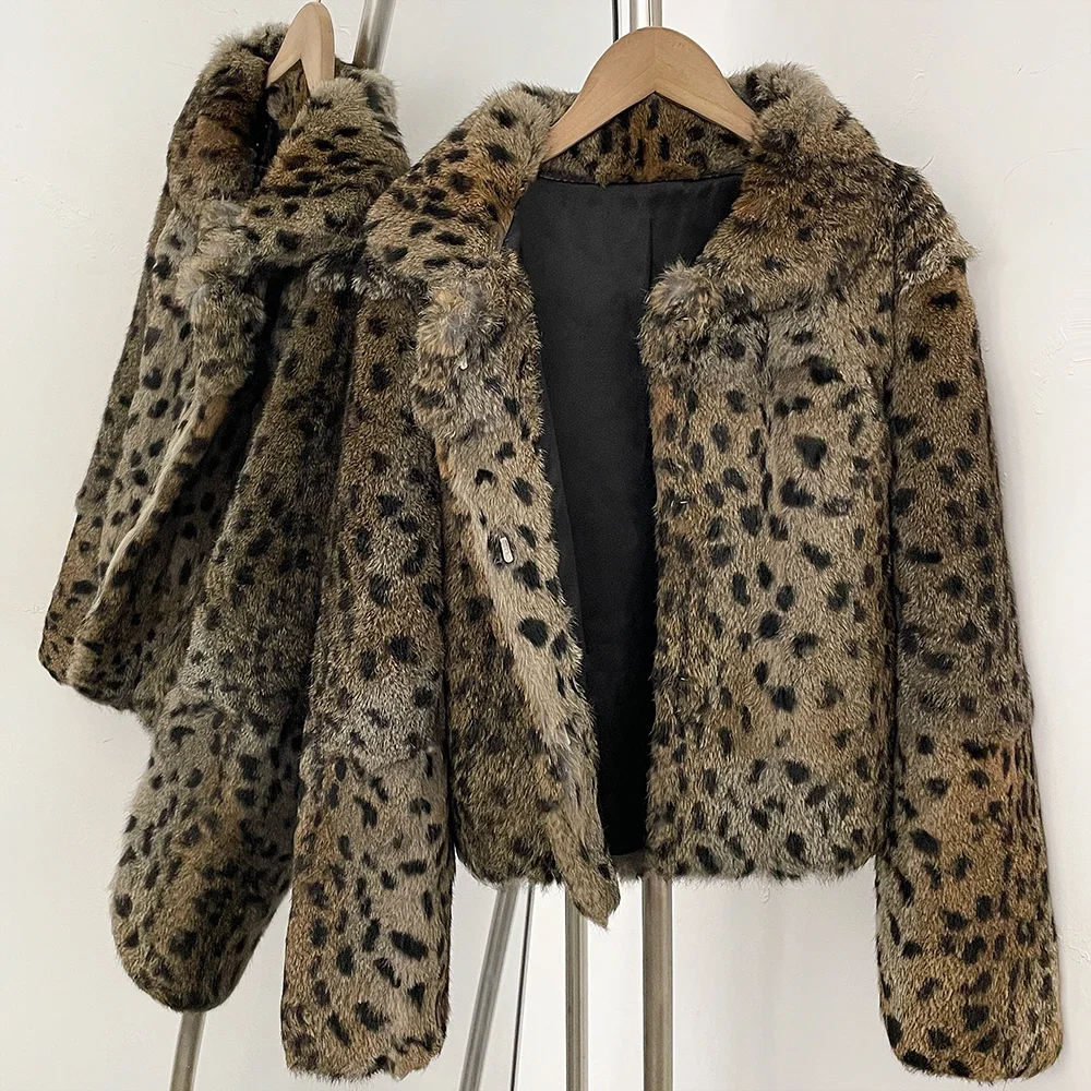 OFTBUY Peter-Pan-Kragen Kurze Winterjacke aus Natürlichem Kaninchenfell für Damen Leopardenmuster Echter Kaninchenfellmantel Neue Kleidung Warm für Frauen – Detail 11