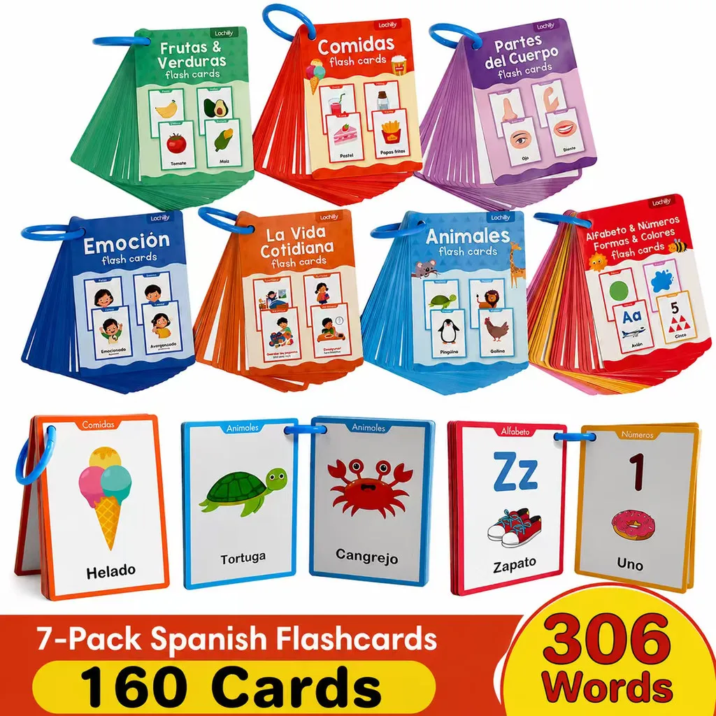 7 Themes Spanish-English Bilingual Flash Cards for Kids Learning Body Parts, Animal, Food, Emotion & Daily Routine Pocket Cards