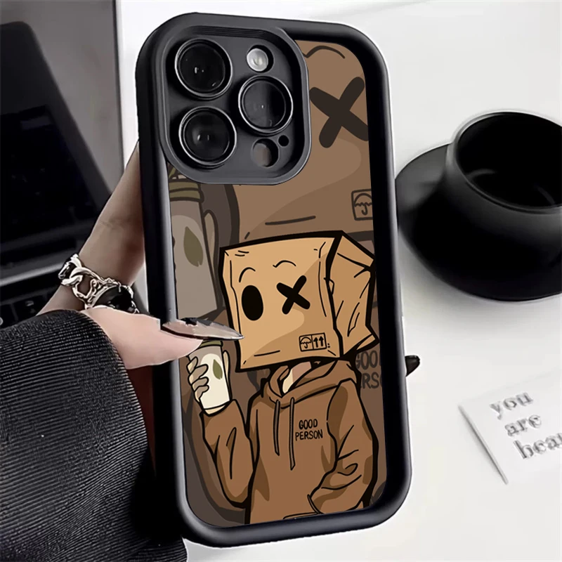 Cartoon Box Man Pattern Silicone Phone Case For iPhone 16 15 14 13 12 11 Pro Max XS X XR 7 8 Plus 16 Shockproof Candy Soft Cover