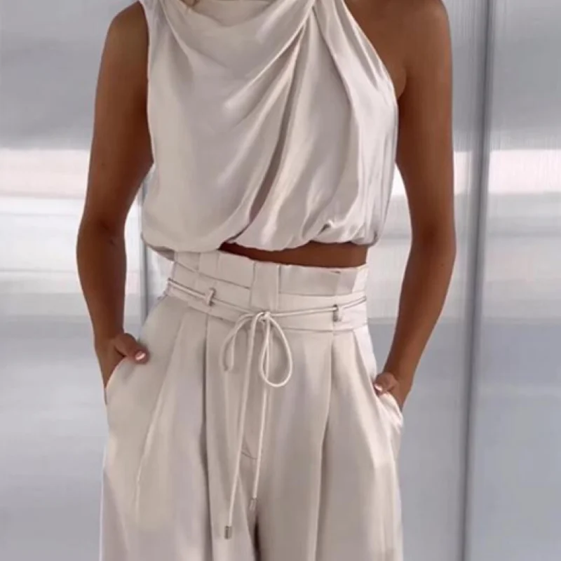 Conjunto informal de 2 piezas para mujer, Top sin mangas con ombligo abierto, pantalones de pierna ancha, verano 2023