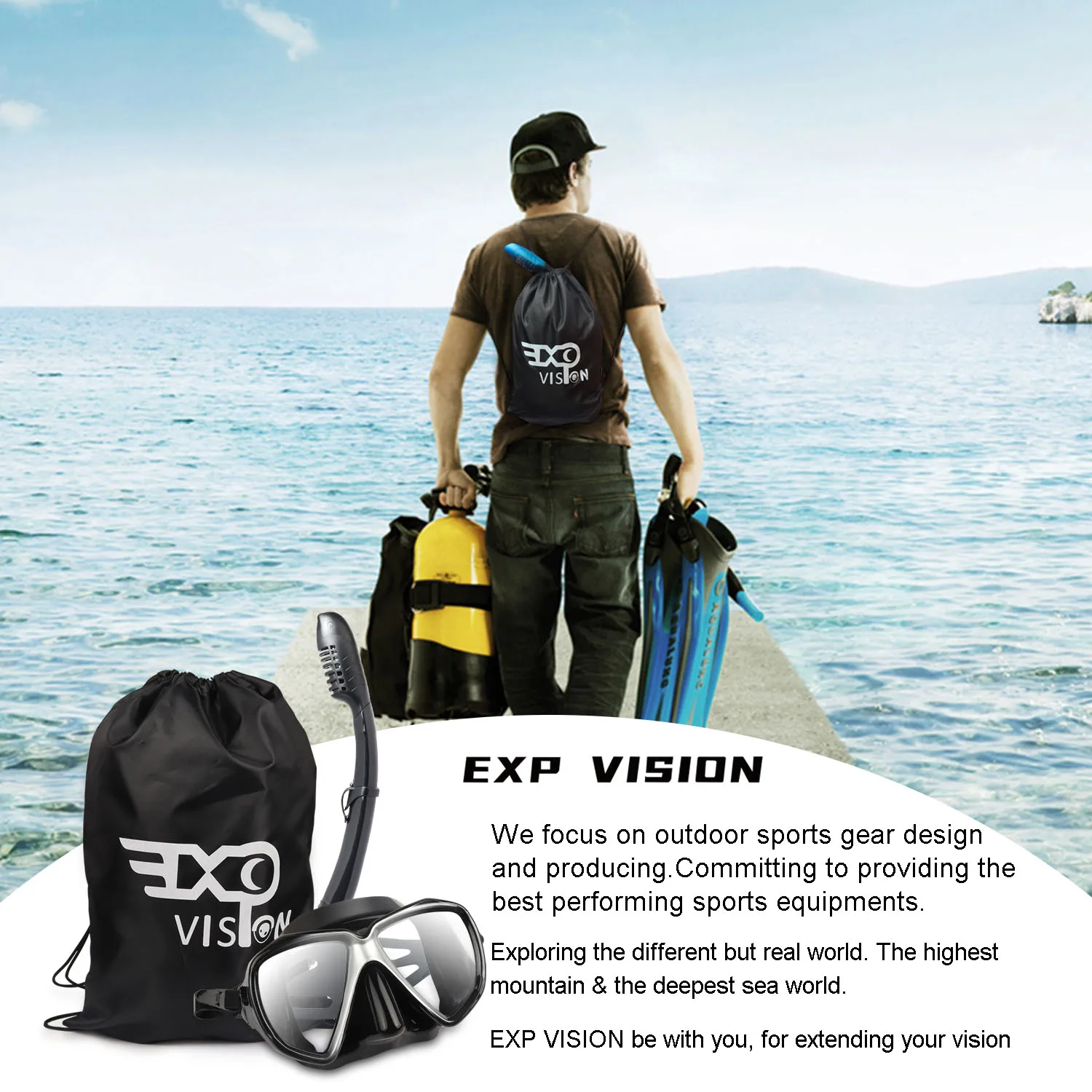 EXP VISION Dry Snorkel Diving Set, Anti-Fog, Panoramic, Scuba, Snorkeling, Swimming, Adult