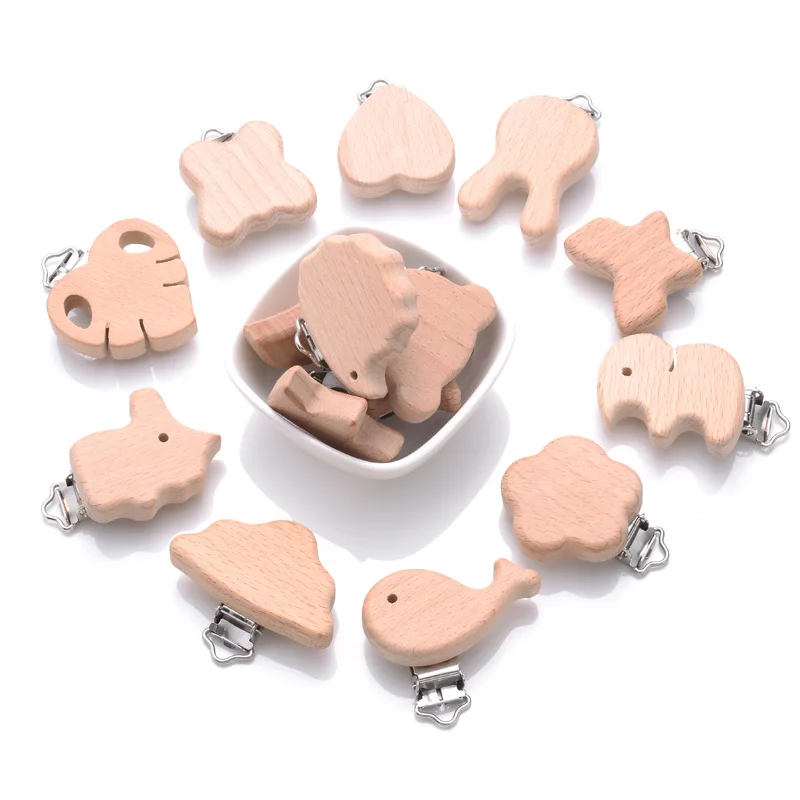 1Pcs Cute Animal Style Wood Natural Pacifier Chain Anti-Drop Beech Wood Dummy Clip DIY Essential Nipple Chain Accessories