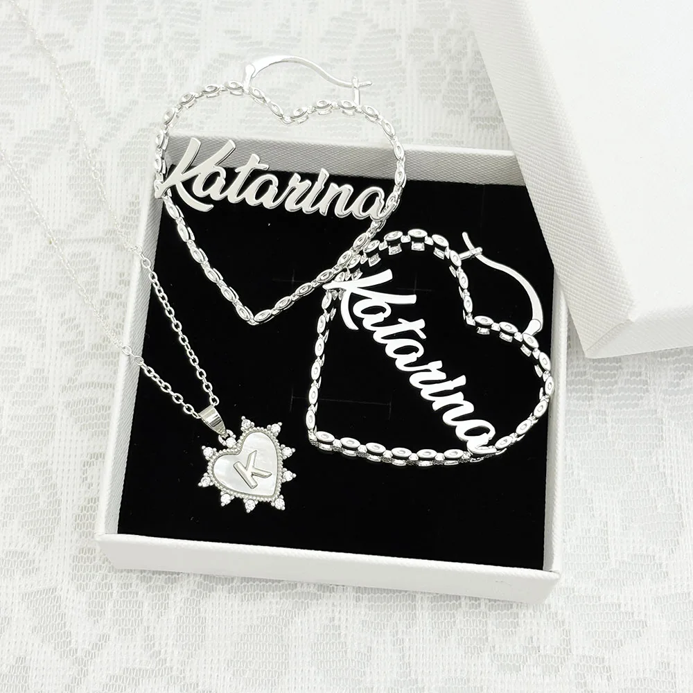

Personalized Custom Name Watch Chain Earring And Heart Initial Necklace 2Pcs Set Zircon Jewelry Gift For Women Birthday Party