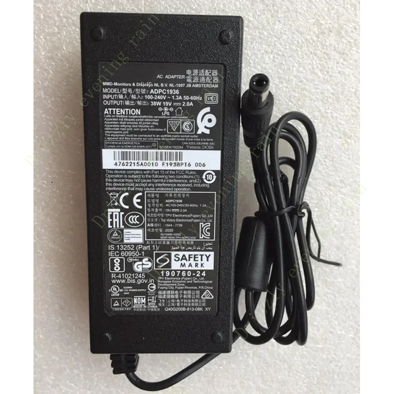 19v 2A 38W AC DC adapter for Philips AIC i2381f 246e9qja adpc1936 276e9qhs 276e9qds 234eres 274e247e6 LCD monitor charger