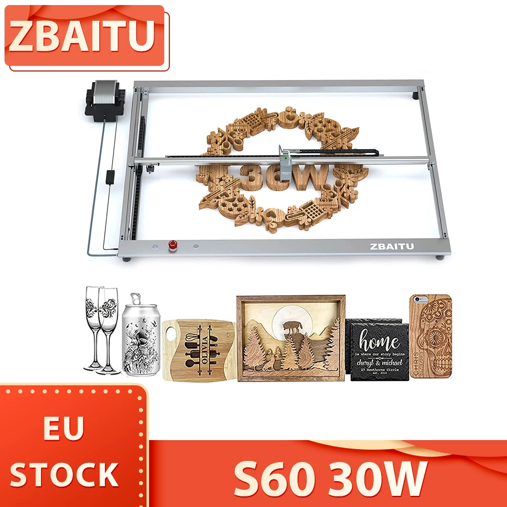 ZBAITU S60 30W Laser Engraver Cutter 800mm/s Engraving Speed Air Assist Nozzle Emergency Stop Button 32-bit Motherboard 80x60cm