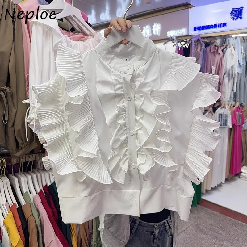 Neploe Elegant Vintage Single Breasted Shirts Women Y2k O-neck Ruched Ruffles Blusas Mujer 2024 Summer New Sleeveless Blouses