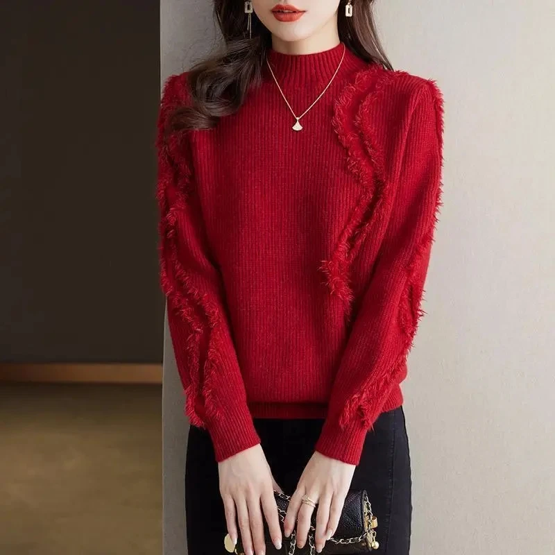

New Womens Pullover Sweater Semi-high Collar Solid Color Tassel Knitted Bottoming Sweater Autumn Winter Jumper Top Female