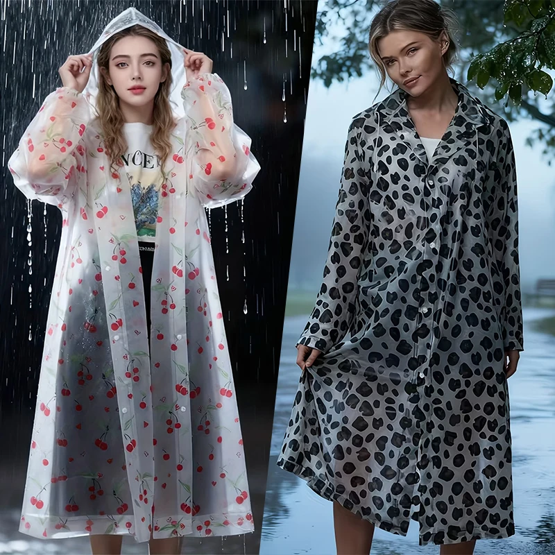 （Summer6）EVA Fashion Leopard Print Rain Poncho- Lightweight, Packable, Windproof, All-Season Thickened Full-Body Raincoat Hooded