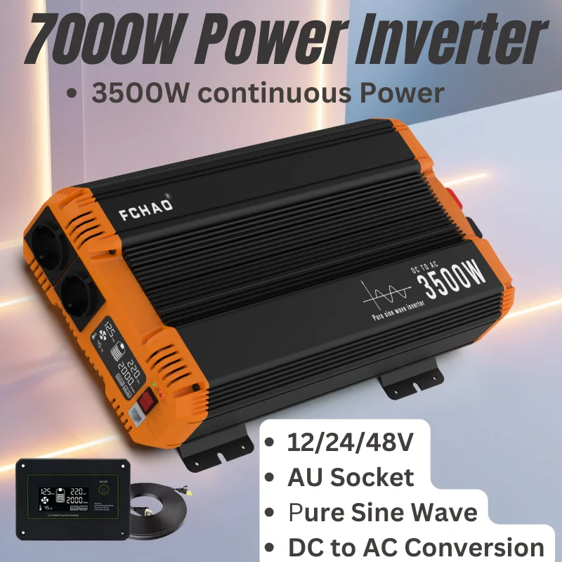 7000W Pure Sine Wave Inverter, 12/24/48V to 220V Converter, AU Socket, LCD Display, Remote Control, for Home, RV, Camping,UPS