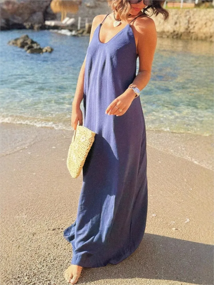 Summer New Boho Maxi Dress For Women's Spaghetti Strap Loose Deep V-neck Solid Beach Holiday Fashion Casual Dresses Robe Femme