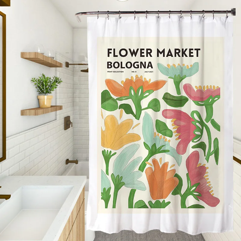 Fresh Colourful Floral Shower Curtain Waterproof Fabric Simple Flowers Plants Art Painting Bathroom Shower Curtains Sets Decor