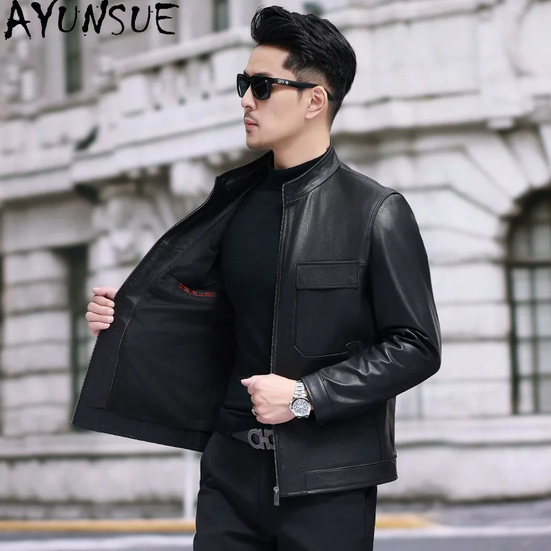 AYUNSUE طبقة علوية سترة جلد البقر الرجال 2025 الكورية نمط حقيقية سترات من الجلد رجل الوقوف طوق قصير معطف جلد أسود #5