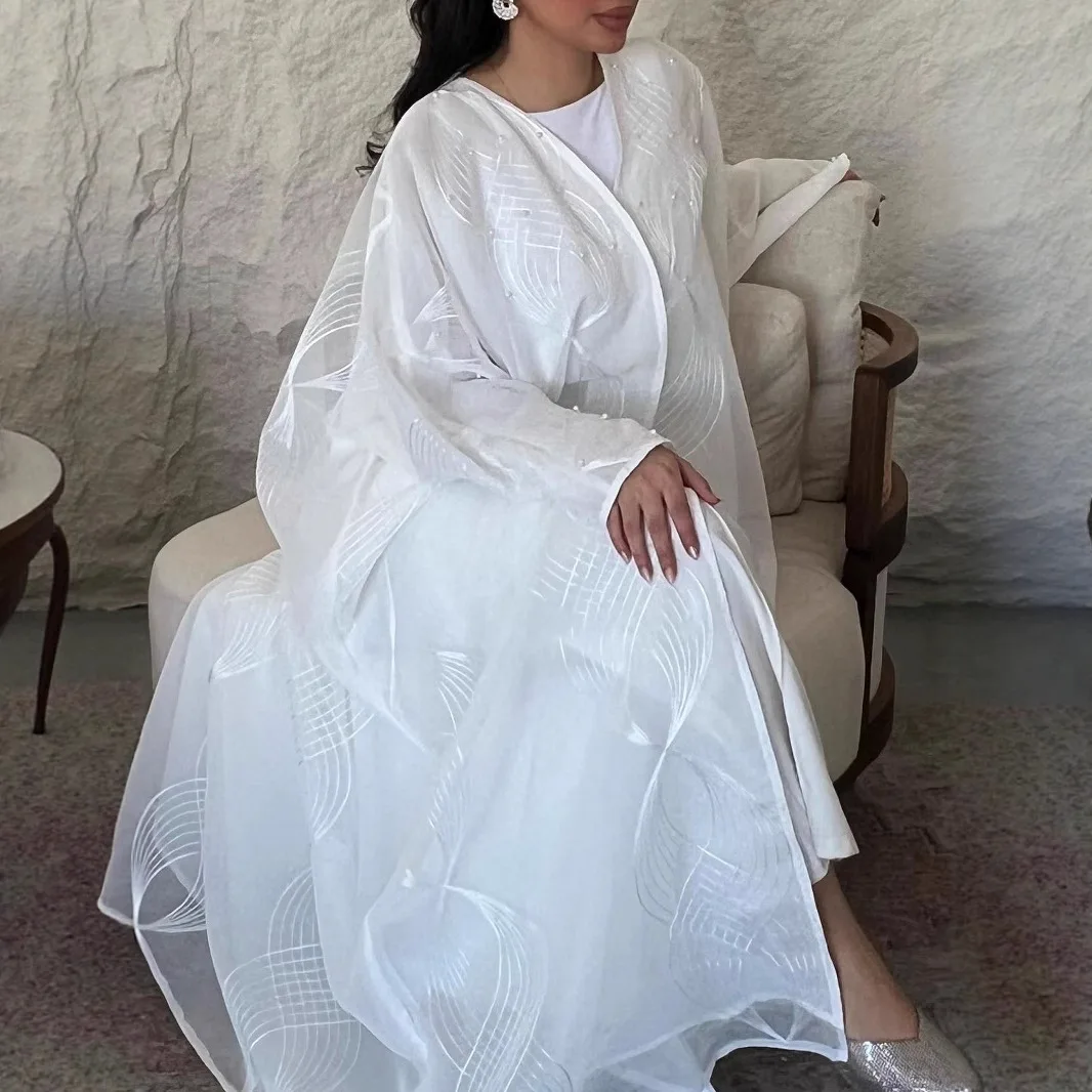 

White 2Pcs Abayas Muslim Set for Women Dubai Beaded Kimono Jalabiya Kebaya Caftan Marocain Femme Robe Islam Clothing Party Dress