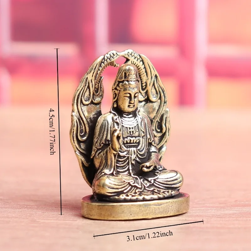 Vintage Brass Seated Guanyin Bodhisattva Statue, Dragon Halo Kwan-yin Figurine on Round Base, Mini Desktop Ornament