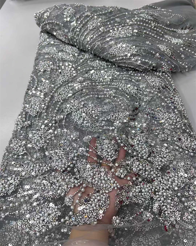 

African Beaded Lace Fabric 2025 High-Quality Nigerian Wedding Bridal Sequins Embroidery for Dresses Sewing