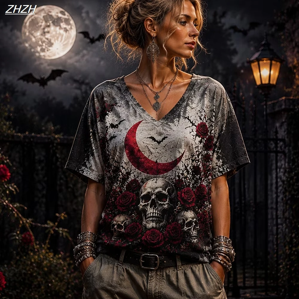 Women Cute Ghost Cat Forest Print V‑Neck T‑Shirt Halloween Casual Short Sleeve Top Fall Party Graphic Tee
