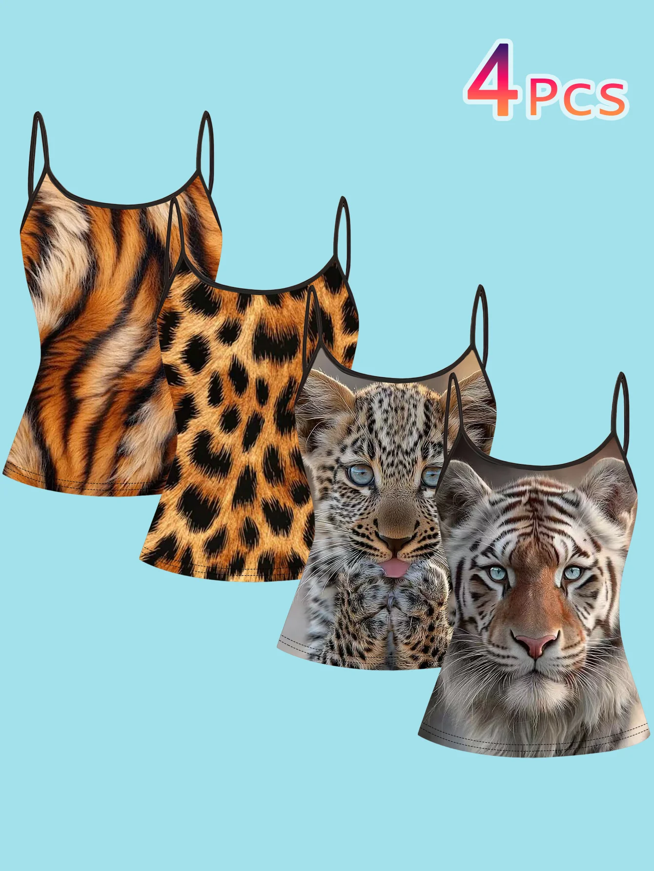 4-Piece Set of Leopard and Tiger Print Animal Print Camisoles for Women, Featuring Wild Cheetah and Tiger Stripes, Cute Little Animal Designs, Thin Straps, Slim-Fit Inner Tops