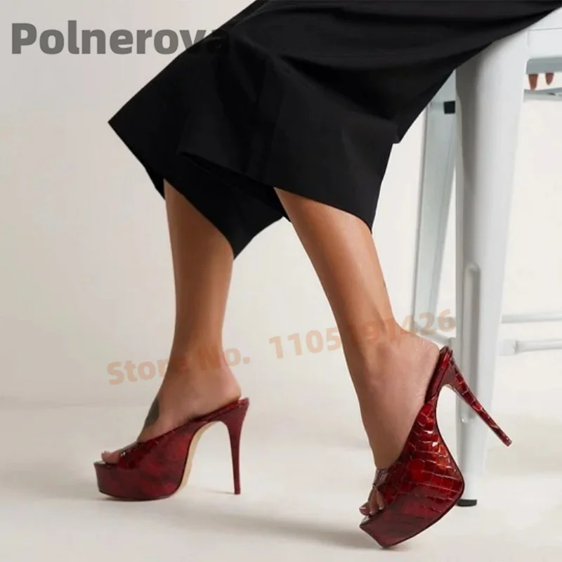 

Women's Red Crocodile Embossed Heels Slippers Peep Toe Stiletto High Heels Mule Sexy Clubwear Party Dress Shoes for Ladies