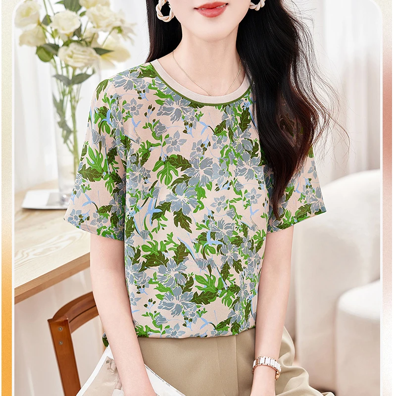 Prairie Chic Elegant T-shirts for Women 2026 Summer Tees 100% Real Silk Woman Short Sleeve T Shirt Women's Print Tee Tops Loose