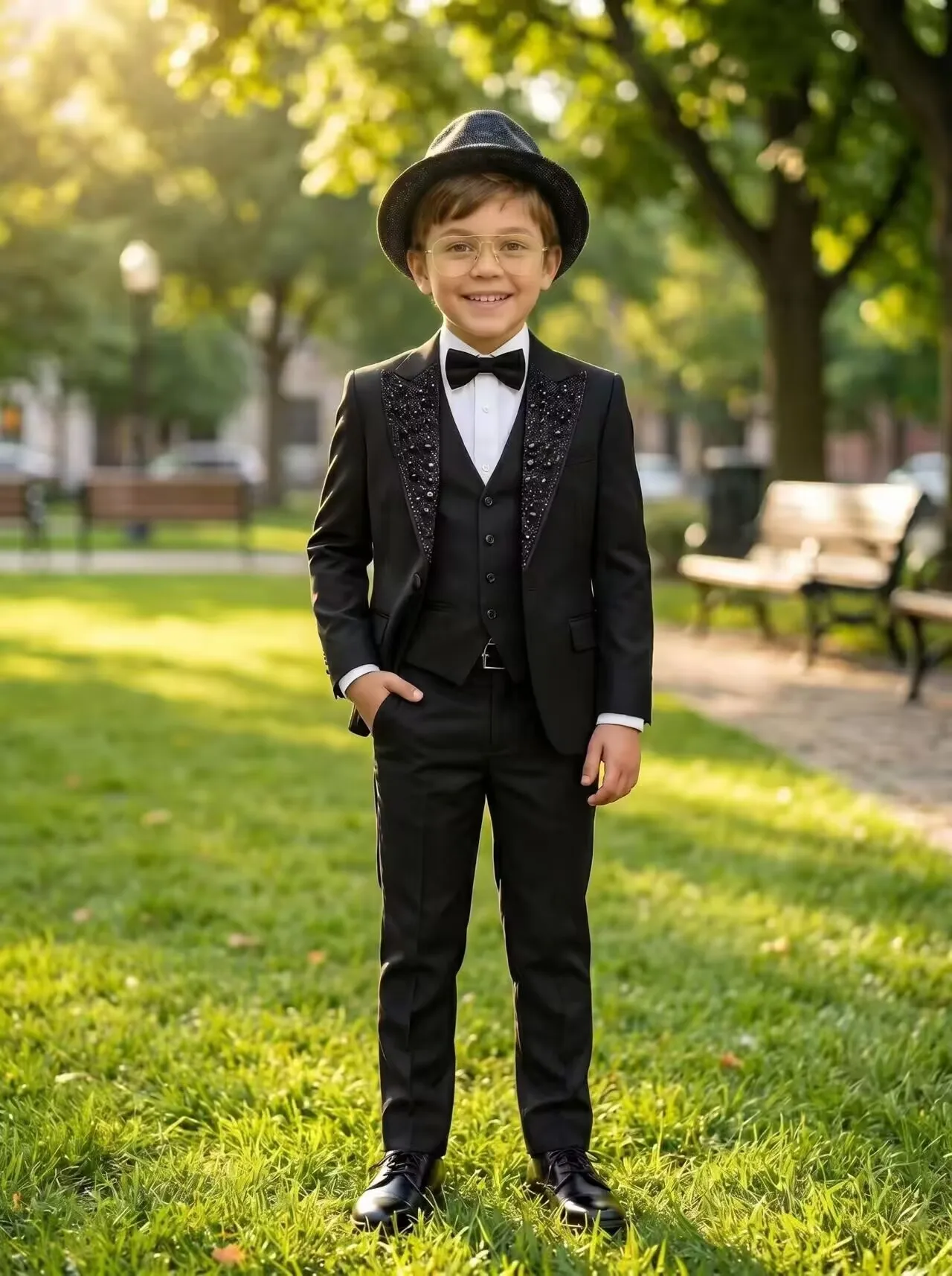

Black Crystal Beads Boys Suit 3 Pieces Wedding Tuxedos Formal Jacket Vest Pants Kids Blazer Set Slim Fit Child Outfit