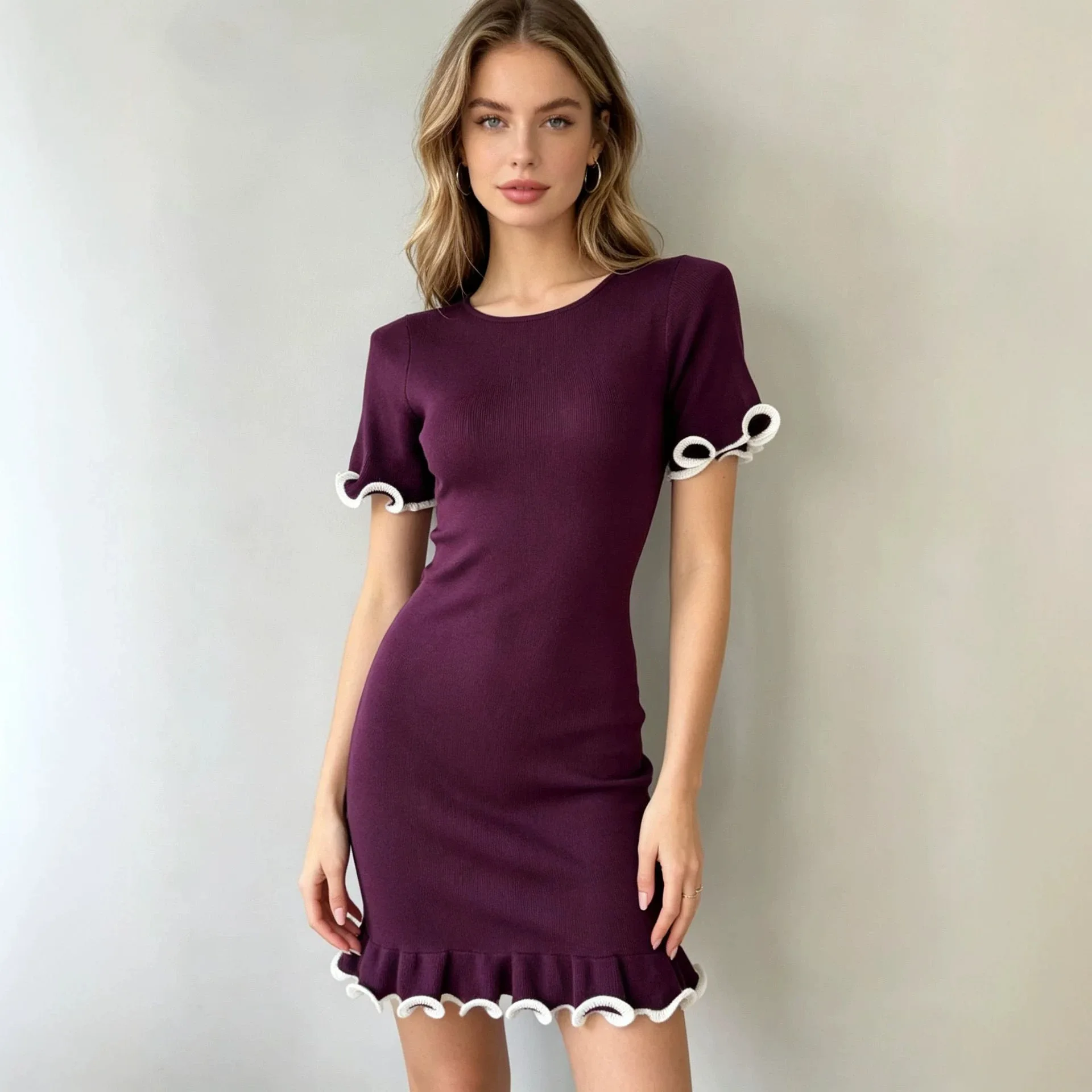 French Chic Women's Knitted Dress Ruffle Hem Short Sleeve Slim Fit Mini Solid Color Rolled Edge Summer Casual Clubwear