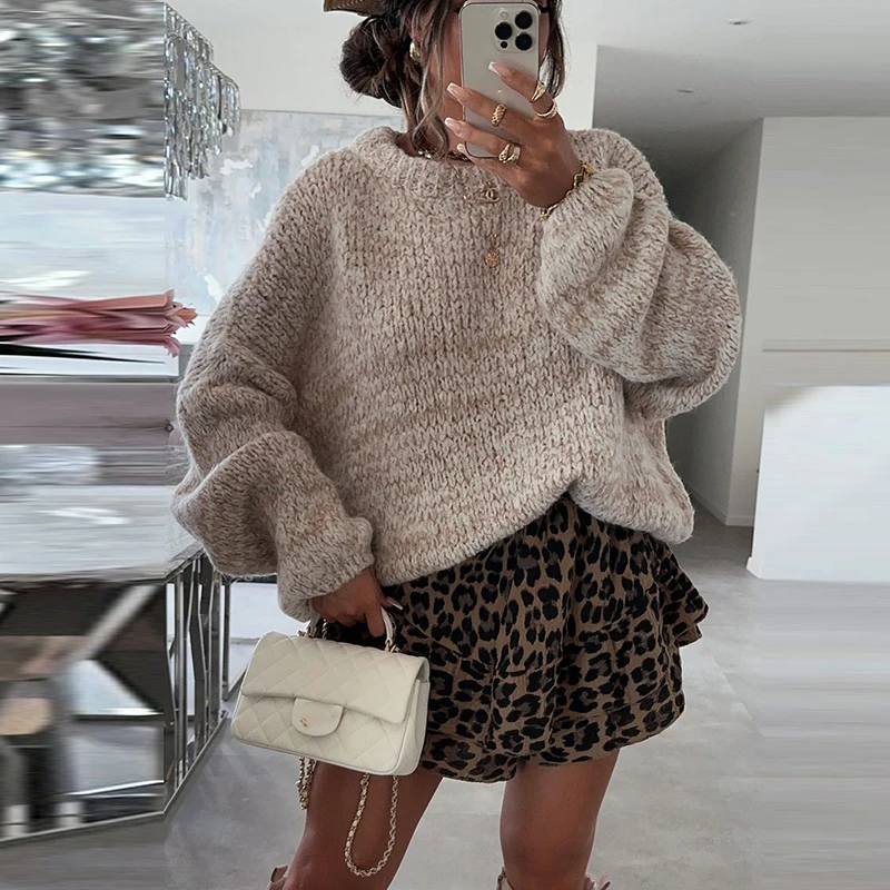 Ladies Elegant Woolen Crew-neck Commuter Sweater All Match Long Sleeve Loose Jumper 2024 Women Solid Furry Winter Knit Pullover