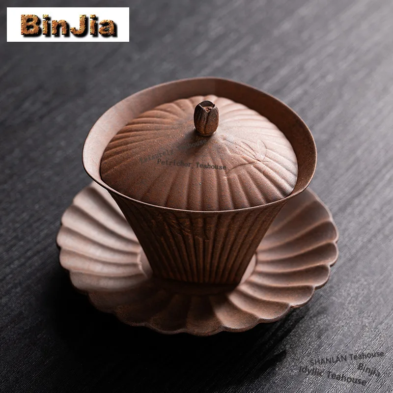 120ml Crude Pottery Triangle Gaiwan Zen Tea Tureen Tea Bowl With Lid Kit Tea Maker Cover Bowl Tableware Accessories Decoration