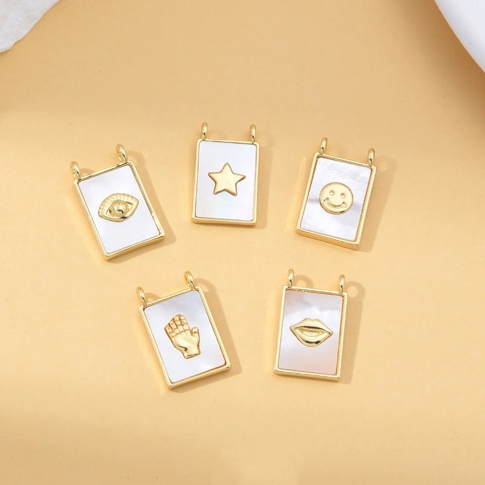 1 Pcs Diy Jewelry Necklace Making Shell Double Ears Pendant Rectangle Star Mouth Palm Eye Smile Copper Gold Plated Accessories
