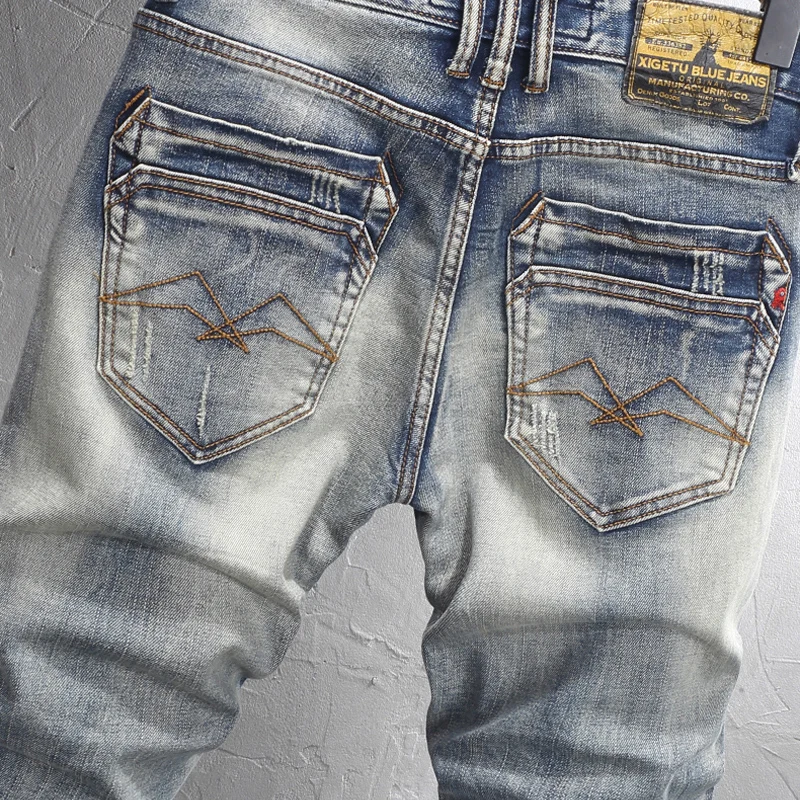 Italian Style Fashion Men Jeans High Quality Retro Washed Blue Stretch Slim Fit Ripped Jeans Men Vintage Designer Denim Pants