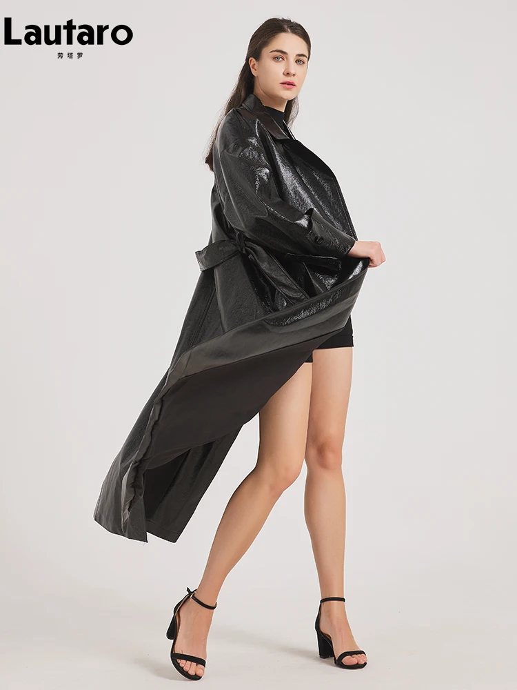 Lautaro Spring Autumn Oversized Extra Long Black Shiny Reflective Patent Leather Trench Coat for Women Belt Maxi Overcoat 2024