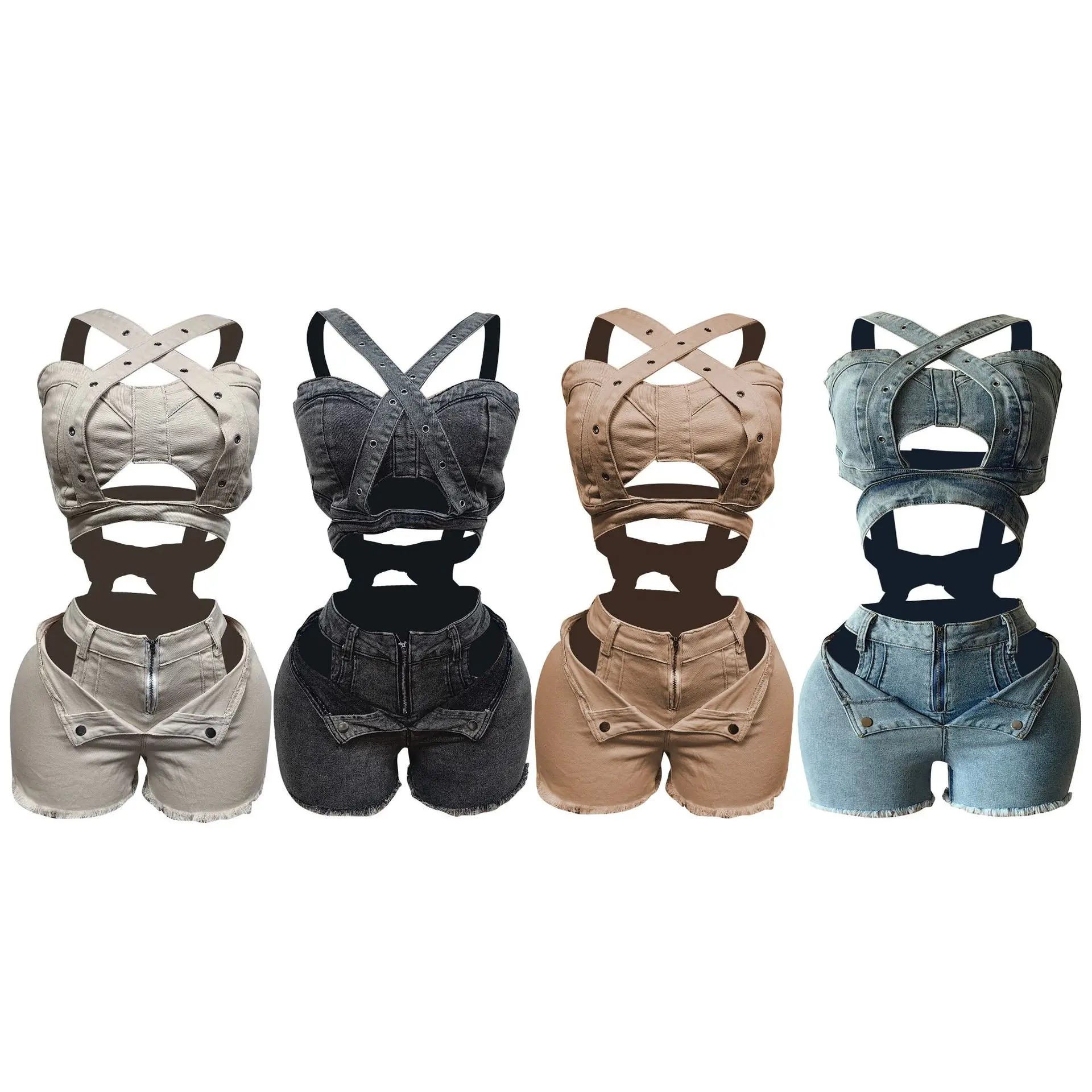 

New Denim Vest Shorts Set European and American Tube Top Strap Elastic Shorts Set
