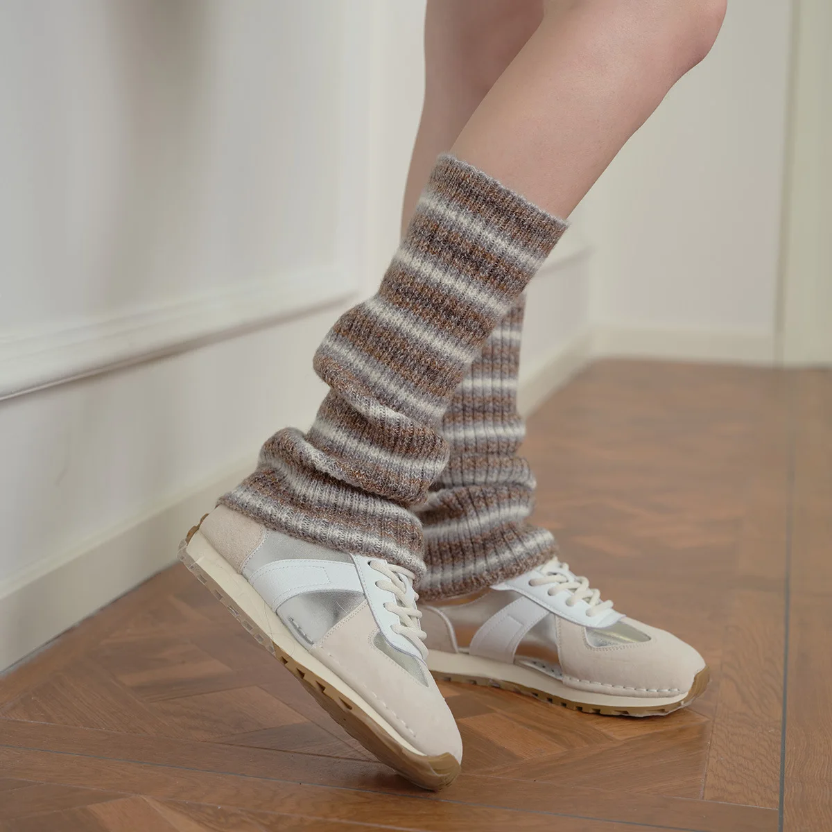 Vintage Wool Blend Knit Leg Warmers for Women Striped Gradient Y2K Style Slouch Socks Fashion Layering