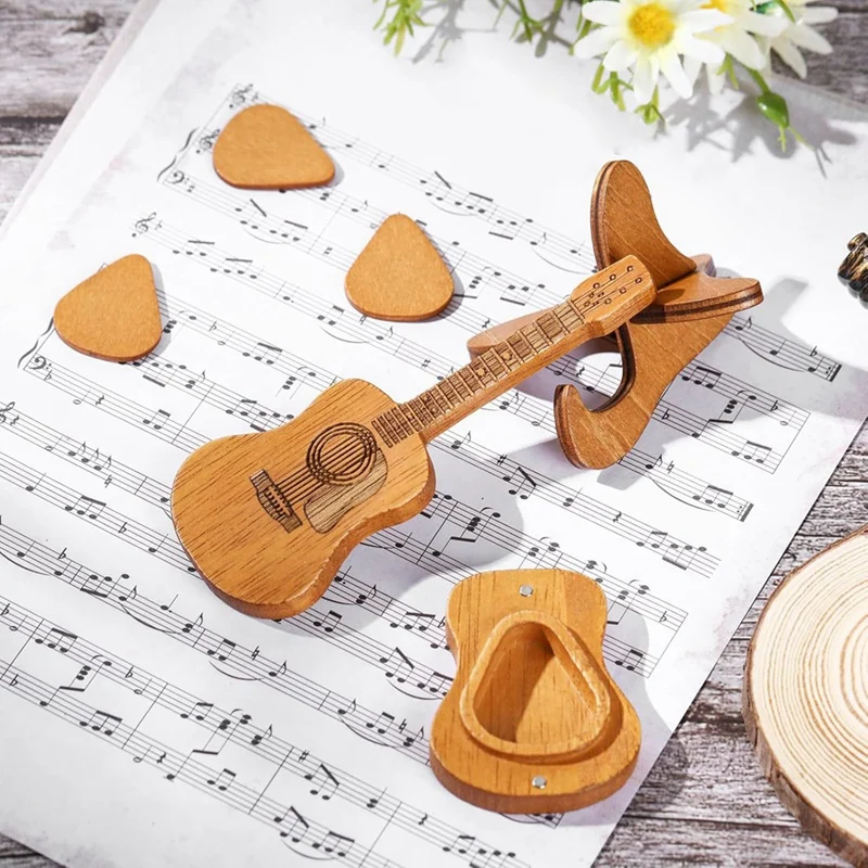 Guitar Pick Box With 6 Pcs Guitar Picks, Wooden Acoustic Guitar Pick Box For Present Music Instrument Guitar Bass