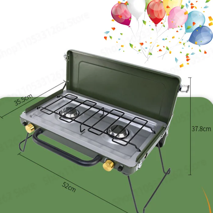 Portable Double Burner Cassette Gas Stove, Outdoor Camping BBQ Cooker for Picnic Wild Cooking