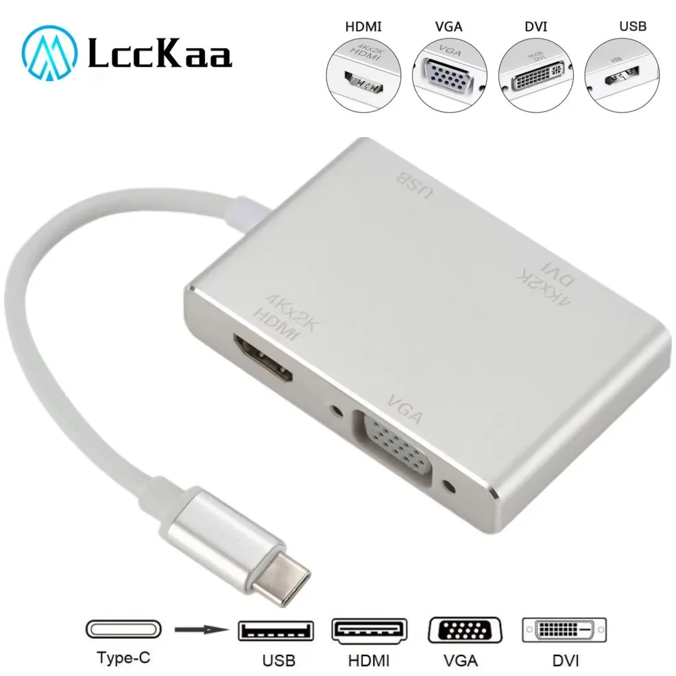 LccKaa-Adaptador 4K USB tipo C a HDMI, convertidor 4 en 1 Compatible con VGA, DVI, USB 3,0, para ordenador portátil, Apple USB-C, HUB Splitter