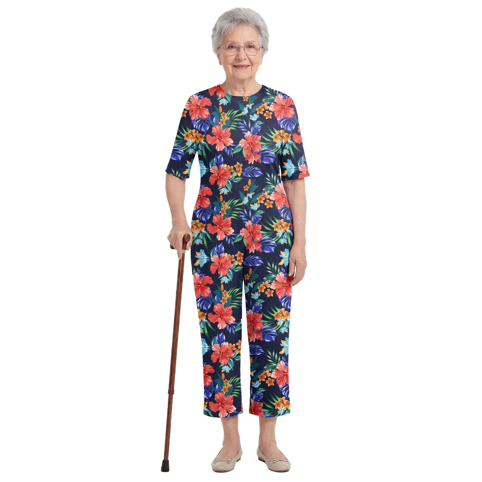

Women Elderly Nursing Jumpsuit Floral Print Lingerie Short Sleeve Zipper Anti-strip Adaptive Rompers for Alzheimer Special Needs