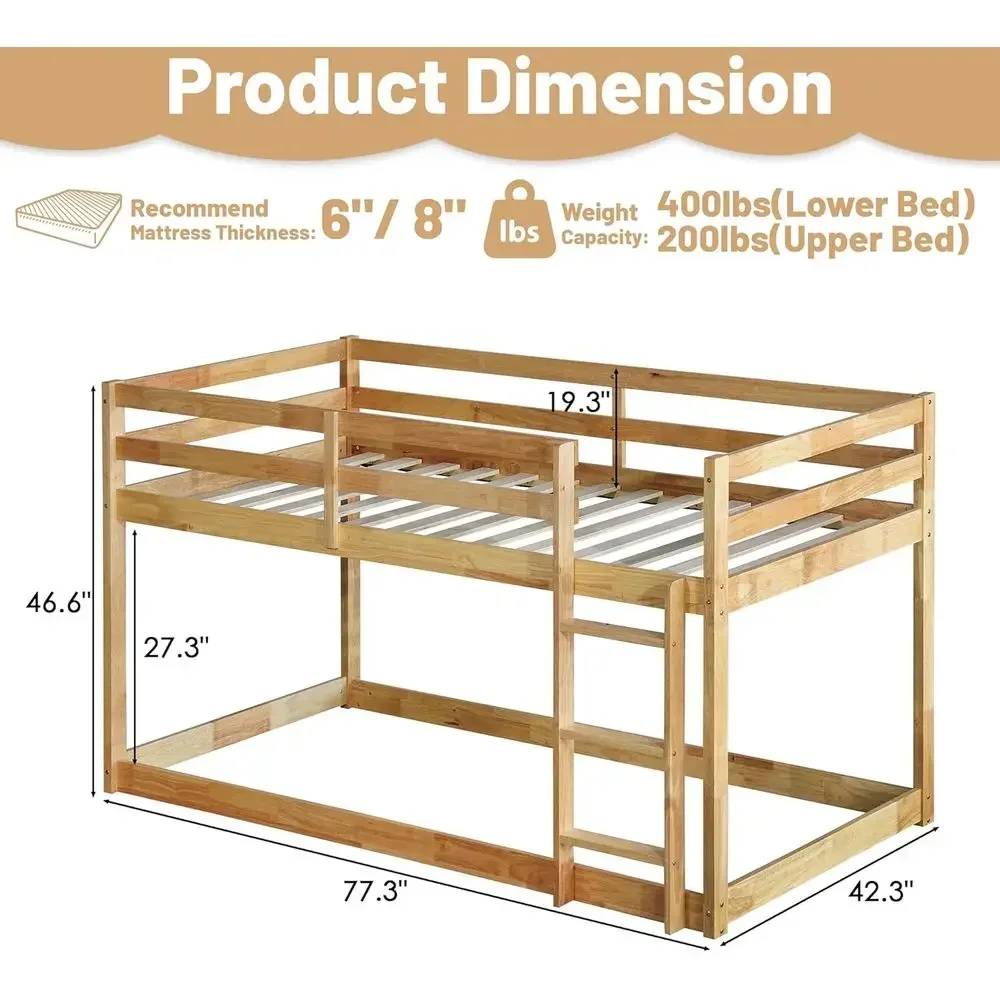 Compact Twin Over Twin Wooden Bunk Beds with Ladder and Guardrails for Kids, No Box Spring Needed