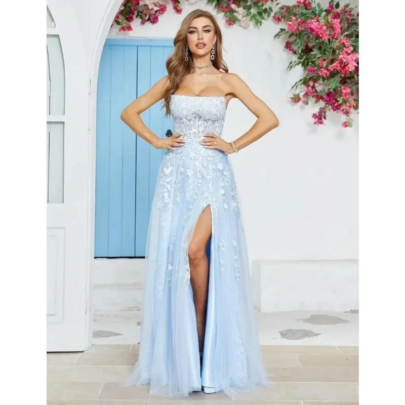 

Tulle floor evening gown embroidery high slit ball gown Backless shoulder and cocktail dress