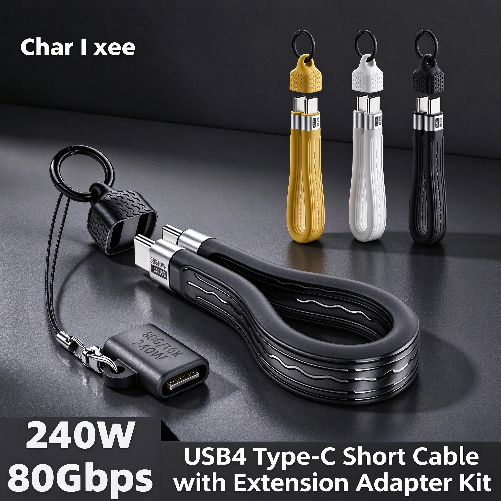 USB4 Short Flat Cable Type-C to C 80Gbps 240W PD3.1 16K@60Hz FPC E-Marker Fast Charging Cord with Adapter Set