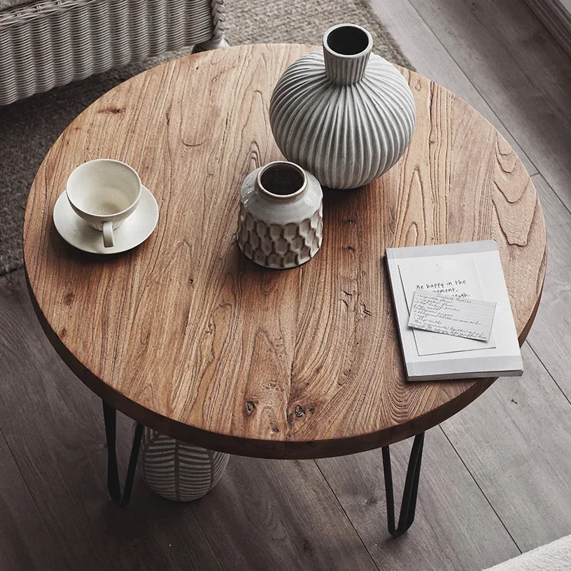 Antique Elm Wood Tea Table Home Wood Round Coffee Desk Sturdy Durable Retro Living Room Furniture 70cm Diameter