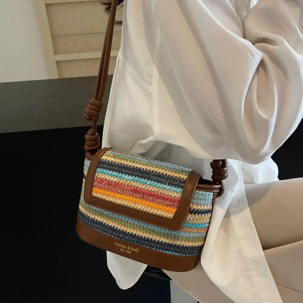 

Trendy Large Capacity Weave Bag Shopping Bag PU Leather Straw Bag Fashion Colorful Bohemian Shoulder Bag Summer