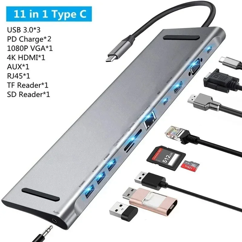 

Multi HUB 11 In 1 Ethernet Network Type C Docking Station USB 3.0 Adapter PD 100W Splitter