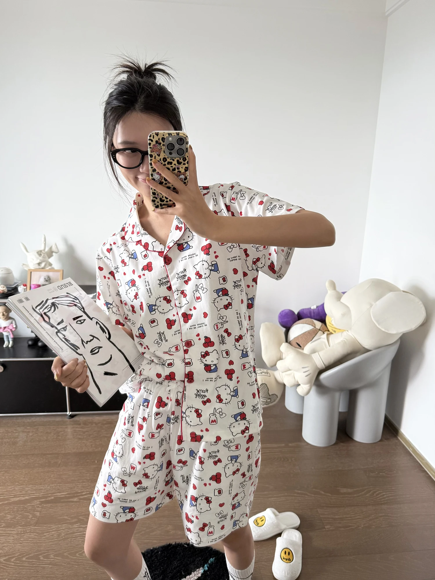 

Korean Sle Cartoon KT Print Knot Cute Home Clothes Pyjama Set Can Be Worn outside ort Sve irt Cot...