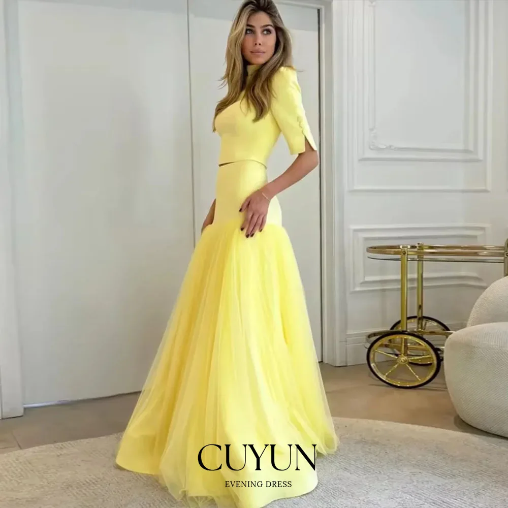 

CUYUN 2 Piece Luxury Women Evening Gown High Collar Half Sleeves Yellow Party Dress Customized Formal Occasion Dress Zipper Back