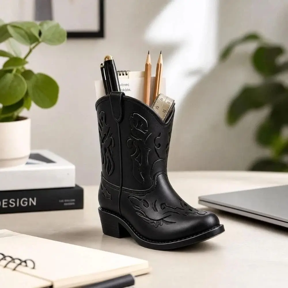 3D Printed Cowboy Boot Statue Hollow Design Desktop Size Pencil Holder Organizer Multi-Functional Vintage Style