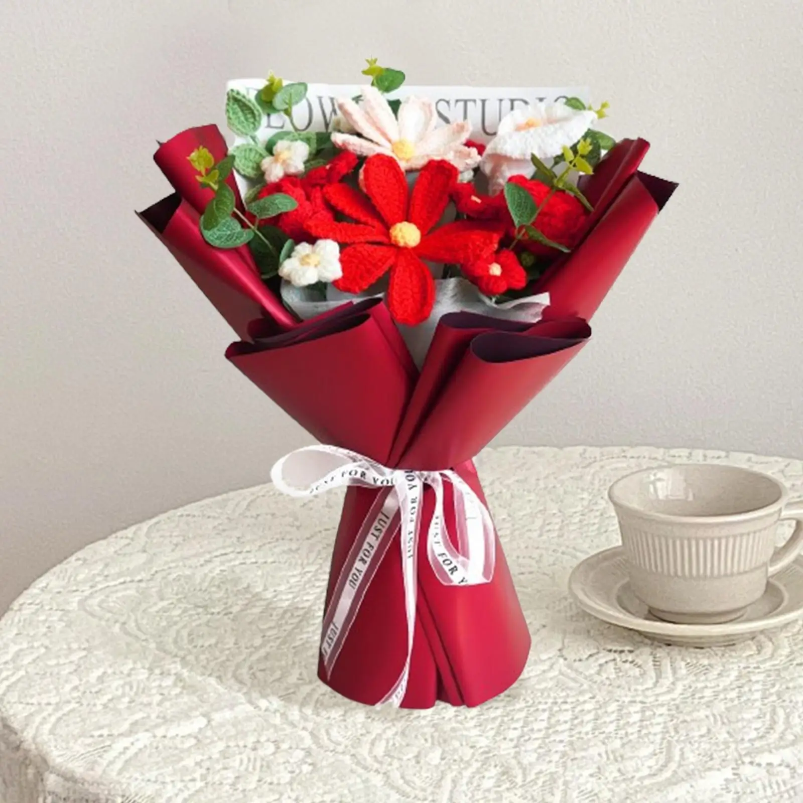 Artificial Crochet Flower Bouquet DIY Home Decor Knitted Handmade Yarn Arrangement for Wedding Table Centerpiece Eternal