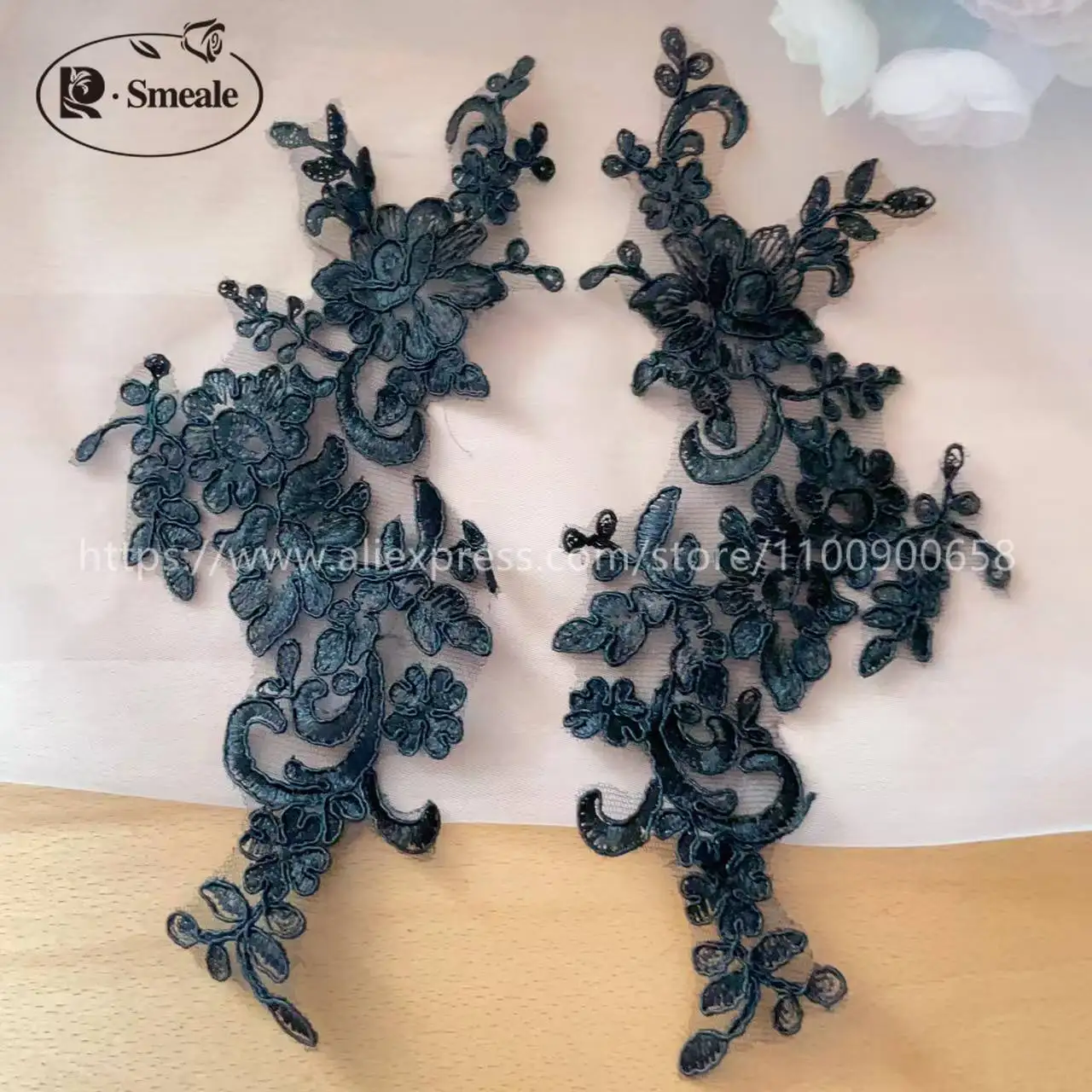 10 Stück/5 Paare. Spitzenborte mit glänzenden Pailletten und verspiegelten Blumen. Hochzeitskleid, Hochzeitsschuhe, Kopfschmuck, DIY-Nähzubehör. – Detail 9