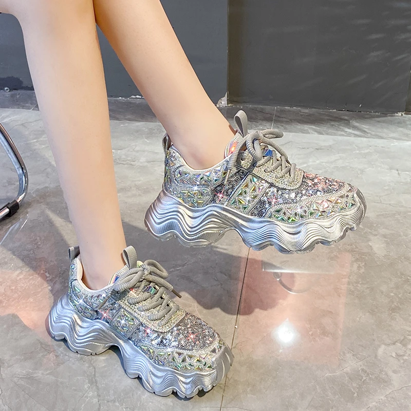 Fashion Shiny Ladies Platform Shoes Sneakers Women Trend 2024 New Spring Platform Lace Up Rhinestone Women Casual Shoes