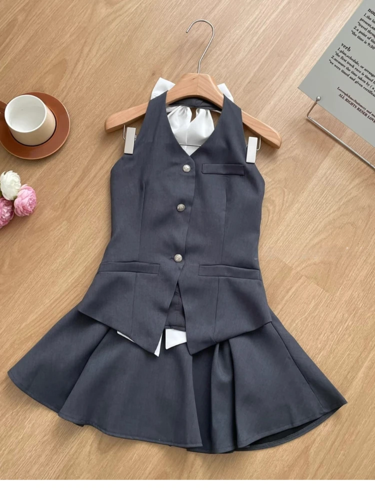 2024 French Sweet Commuter Suit Women Summer Sexy Bow Backless Blazer Vest+High Waist A-Line Skirt Elegant Slim-Fit 2-Piece Set