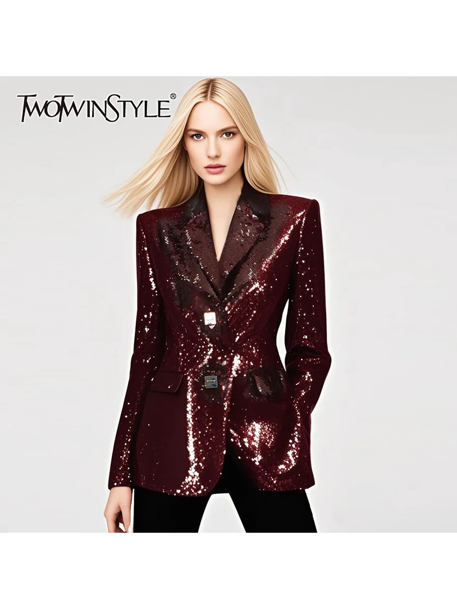 TWOTWINSTYLE Solid Spliced Sequines Slimming Jackets For Women Lapel Long Sleeve Temperament Leather Coat Female Fashion Style